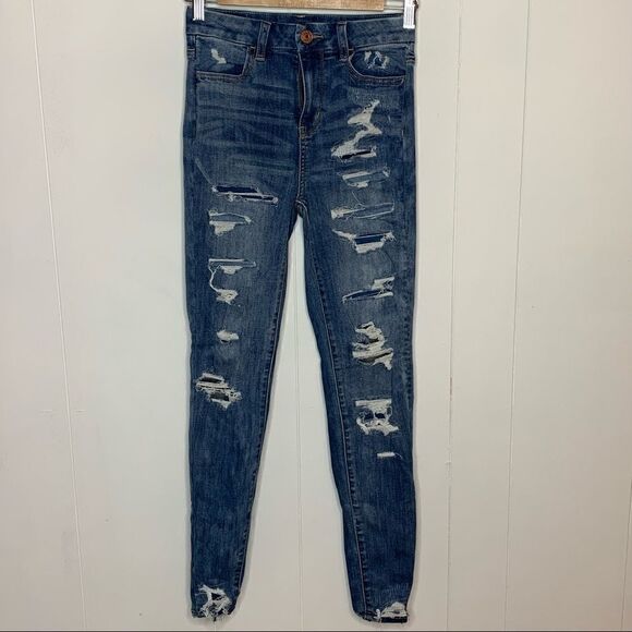 American Eagle AEO Curvy Hi Rise Jegging Jeans Destroyed Distressed Size 0 - Picture 1 of 10